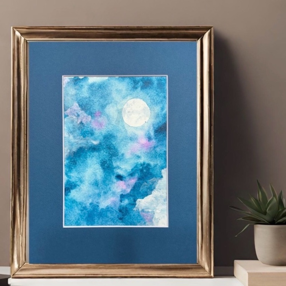 Hand Painted Watercolor Art Handmade Original Watercolor Painting Blue Mat 8x10”